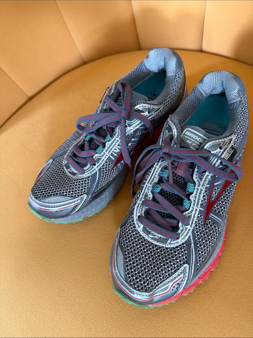 Brooks Women's Gray Mesh Running Shoes with Teal and Red Accents